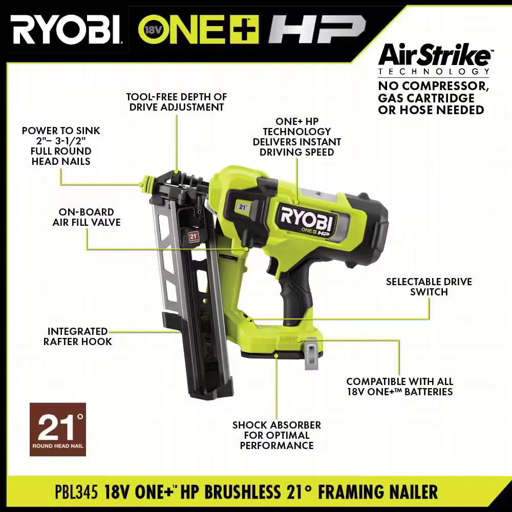 ONE+ HP PBL345B 18V Brushless Cordless AirStrike 21° Framing Nailer  Tool Only