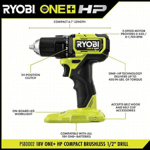 RYOBI 18V cordless brushless 1/2 inch drill driver compact tool