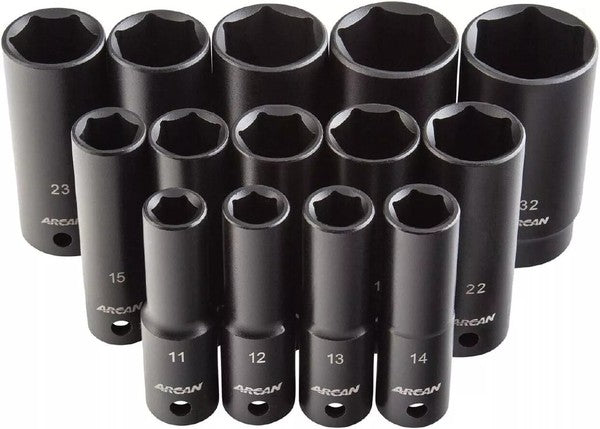 Arcan Tools 1/2" Drive Shallow Impact Socket Set 14 Pc Metric AS21214M Arcan