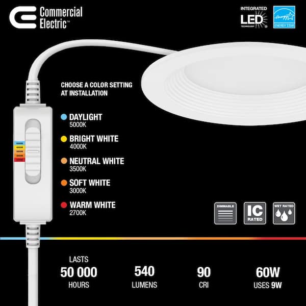 Commercial Electric Premium Series 4 in. LED 2-Level Lumen Select Baffle Canless Recessed Light with Adjustable CCT